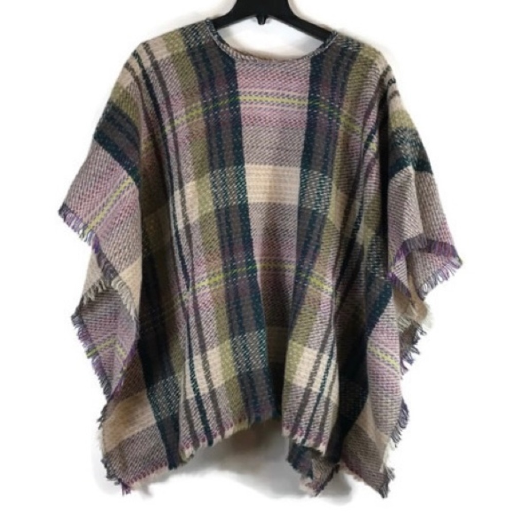 Yorkshire Blanket Poncho Wool Blend Plaid Multi Color One Size